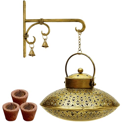 Image of Iron Antique Brass - Incense Dhoop Burner Handmade Hanging Decor for Pooja Room, Home Wall Decor Degchi with Havan Samgri Cup 3 pcs - Oval - Set of 1 - Gold