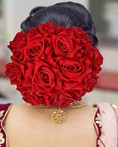 Women’s Wedding Artificial Flower Hair Bun Juda Gajra for Bride (Red) 2