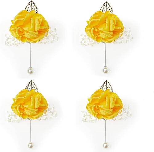 Miniatura 7 de WeddingBobDIY 4 unidslote novio Boutonniere hombre mujer novia muñeca ramillete seda rosa perlas boda flores decoración fiesta (amarillo, ramillete