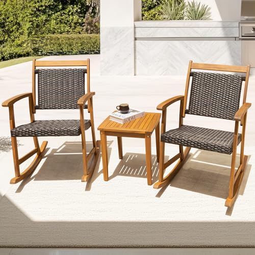 IDZO Solid Wood Wicker Rocking Chairs Set of 2 with End Table