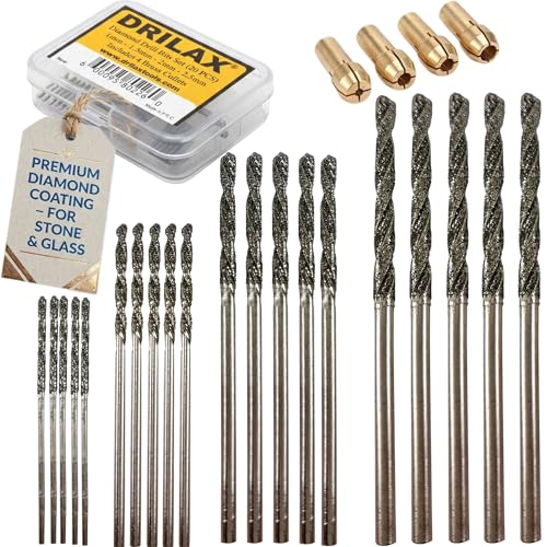 Drilax 24-Piece Diamond Drill Bits Set (1mm, 1.5mm, 2mm, 2.5mm) Compatible with Dremel Rotary Tools – Includes 4 Collets – Diamond Tipped Drill Bit for Stone, Glass, Sea Shells & Jewelry Making Tools