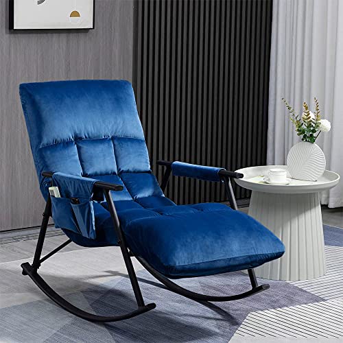 Zjhome Velvet Accent Folding Rocking Recliner Chair With Side Pocket Adjustable High Back & Foot Rest, Comfortable Upholstered Glider Rocker Armchair For Living Room, Bedroom (Navy Blue) #TOP22