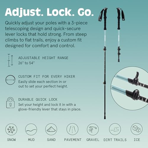 Retrospec Solstice Trekking Poles for Hiking - Camping Essentials with Adjustable Height 26-54in - Lightweight Aluminum Walking Sticks with Cork & Foam Grips & Quick-Lock System - Collapsible Design - image 3
