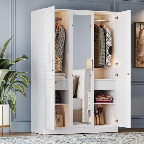 Image of Wakefit Wardrobe for Bedroom | 3 Yr Warranty | Cupboard for Bedroom, Almirah, Wooden Wardrobe, Comes with LED light, Storage Drawer, Mirror & Hanger, Density:680-750kg /m, Free Installation(Tyrian-FW)