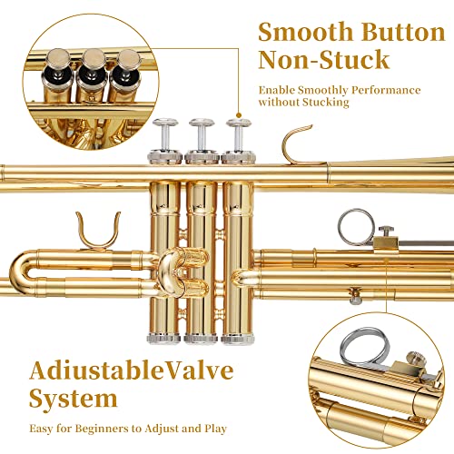 Qsanpel Bb Standard Trumpet Set For Beginner Students Adults Brass Trumpet Instruments Gold Trumpet With Case,Valve Oil,7C Mouthpiece And Cleaning Kit #TOP4