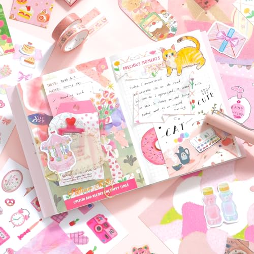 Image of WEMOL Vintage Journal Scrapbook Pack Kit for Art Journaling Bullet, Planners DIY Paper Stickers, Craft Kits Notebook, Collage Album Aesthetic Sticker (Pink)
