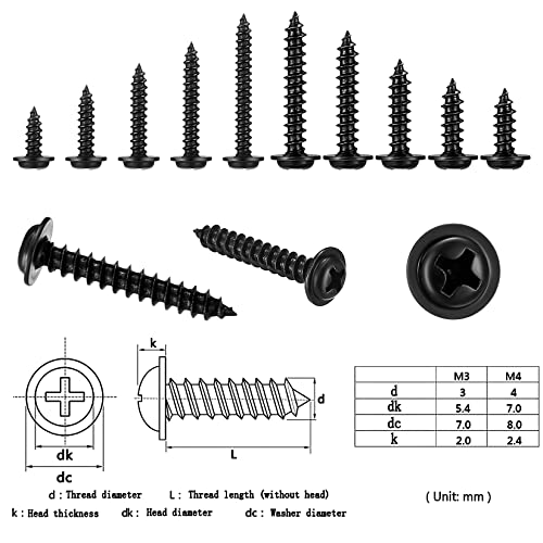 XxinXrong Cross head self-tapping screw with washer | 300 pieces M3/ M4, disc head self-drilling wood screw classification kit, black round countersunk mechanicalfastener,black
