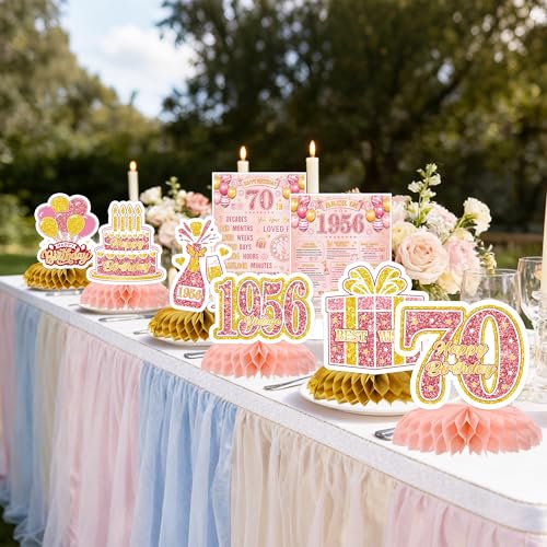 Image of 70th Birthday Decorations for Women, 7 Pcs Pink Rose Gold Back in 1956 Happy 70th Birthday Honeycomb Centerpieces Table Decorations for 70 Year Old Bday Party Favors Supplies