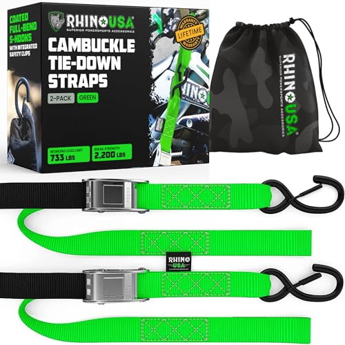 Image of Rhino USA Motorcycle Tie Down Straps (2 Pack) Lab Inspected 2,200lb Break Strength, Steel Cambuckle Tiedown Set with Integrated Soft Loops - Better Than a Ratchet Strap (Green 2-Pack)