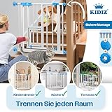 KIDIZ Absperrgitter zum Klemmen mit Katzenklappe, Türschutzgitter, Autoclose Kinder Treppengitter ohne Bohren | 90° Stopp Schutz, schwenkbar, Treppenschutzgitter, Weiß/Blau, Breite: 74-80 cm