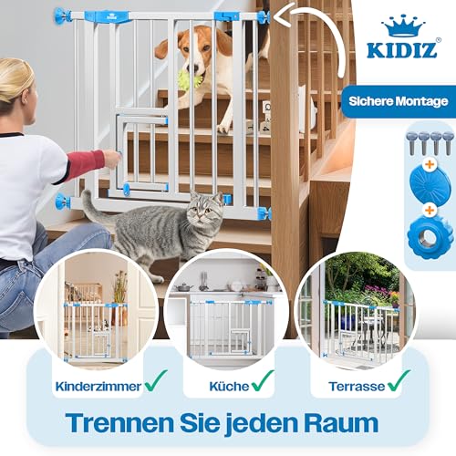 KIDIZ Absperrgitter zum Klemmen mit Katzenklappe, Türschutzgitter, Autoclose Kinder Treppengitter ohne Bohren | 90° Stopp Schutz, schwenkbar, Treppenschutzgitter, Weiß/Blau, Breite: 74-80 cm