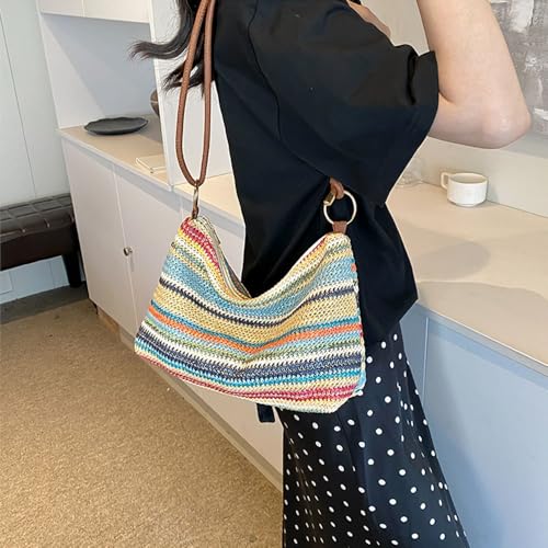 Image of Gogobear Women's Woven Beach Shoulder Handbag Colorful Straw Tote Bag | Summer Vacation Crossbody Bag, Lightweight Fashionable Tote Shoulder Handbag