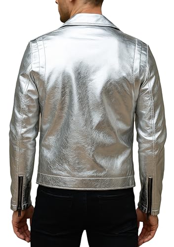 Mens Shiny Silver Brando Style Leather Motorcycle Jacket Slim-Fit Belted Moto Biker Retro Racer Jacket3