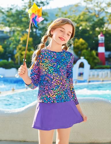 Girls Swimsuit 3 Piece Rash Guard Tankini Set Kids Long Sleeve Bathing Suit Swimming Skirt with Shorts Swimwear 3-12T3