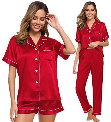 SWOMOG Womens Silk Satin Pajama Sets 3Pcs Button Down Pj Set Short Sleeve Sleepwear Loungewear Pjs Nightwear XS-XXL2