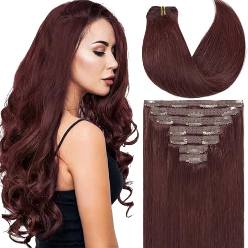 Caliee Clip in Hair Extensions Real Human Hair Burgundy Wine Red Color Double Weft Lace Invisible Silky Straight Hair Extensions Clip ins for Full Head 120 G 14 Inch