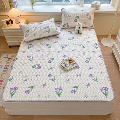Odot Protector de Colchón Acolchado, Protector de Colchón Relleno de Látex con 4 Bandas Elásticas + Funda de Almohada, Funda Protectora para Cama (Flor de tulipán Morado,180x200cm-3 Piezas)