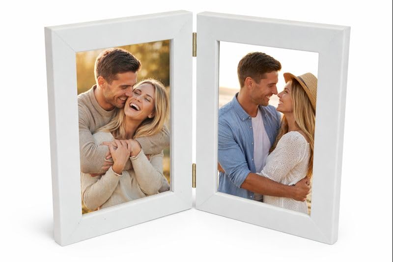 White Wooden Foldable Double Photo Frame | Hinged 2-Way Tabletop Picture Frame | Holds Two 4x6 Inch Photos | Minimal Home Décor & Gift (white)