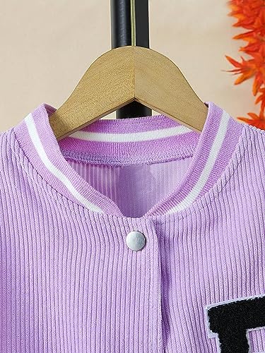 WDIRARA Girl's Letter Patched Colorblock Striped Trim Button Front Long Sleeve Baseball Bomber Jacket3