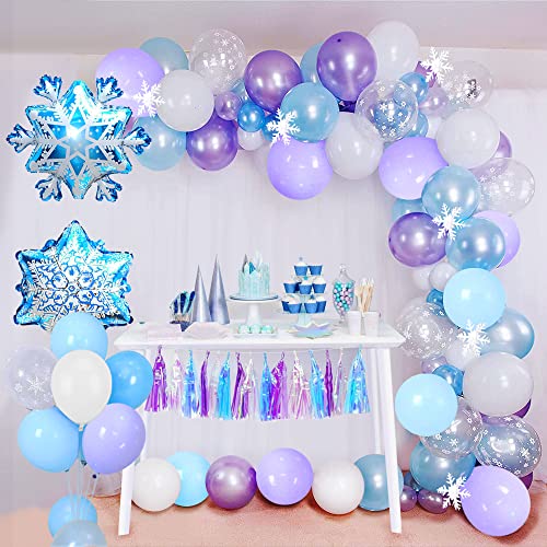Frozen Geburtstagsdeko Mädchen, Blau Lila Weiß Ballon Luftballon Girlande Kit, Frozen Luftballons mit 3D Snowflake Folien Ballons für Geburtstag Mädchen Baby Shower Wedding Party Dekoration Cover