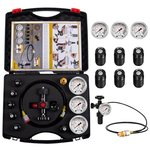 GRYVOZE Hydraulic Nitrogen Accumulator Charging Kit with 3 Pressure Test Gauges & 7 Adapters (M28*1.5, UNF 5/8, UNF 1/2 etc), Metric Accumulator Nitrogen Charge Kit Filling System Fill Gas Tool