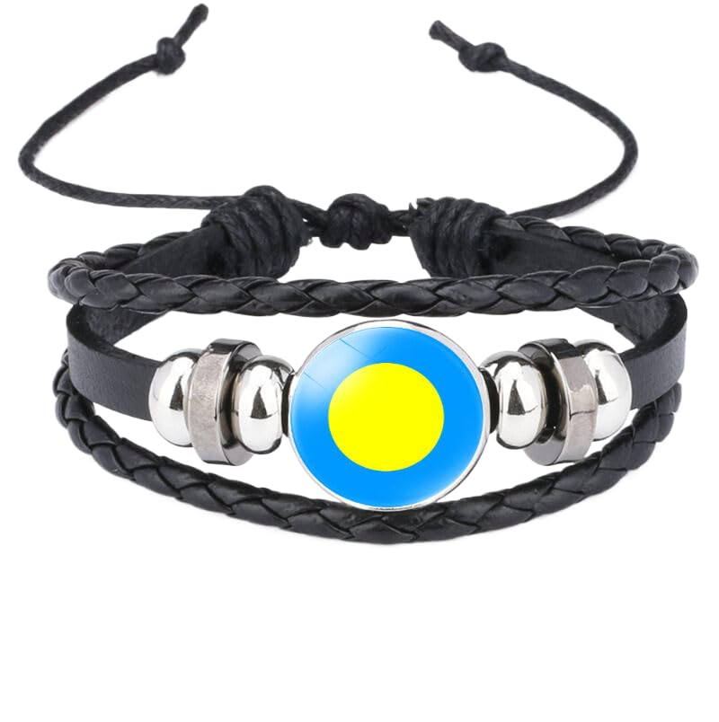 MGDIFYXAA Bracelet En Cuir Avec Drapeau Des Palaos – Bracelet Multicouche Vintage En Verre Pour Homme, Bijou Souvenir, Noir, 18 Mm