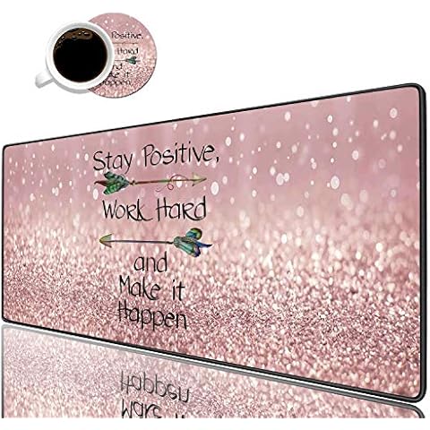 Desk Pad Mat Gaming Mouse Pads with Coasters, 31.5"x 11.8" Large Non-Slip Rubber Base Mousepad with Stitched Edges for Office & Home (Inspirational Quote Stay Positive Work Hard and Make It Happen) Cover