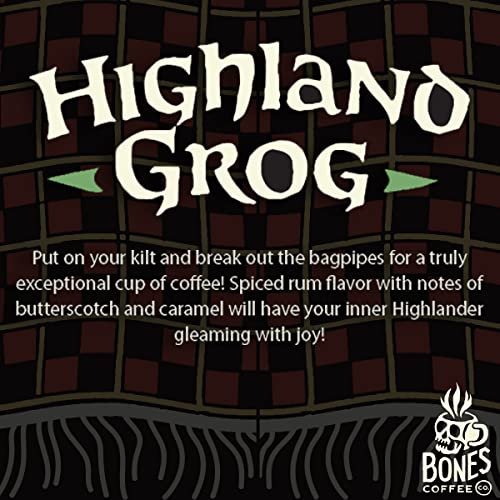 Bones Coffee Company Highland Grog Flavored Ground Coffee Beans Butterscotch Caramel & Rum Flavor | 12 Oz Medium Roast Low Acid Coffee Arabica Beans | Flavored Coffee Gifts & Beverages (Ground) #TOP5