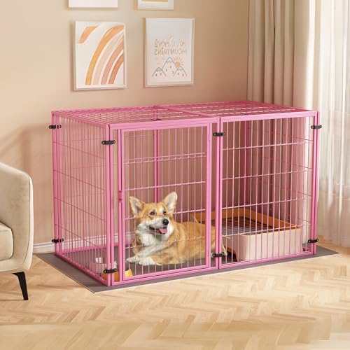 XPIY Large Dog Crate 59 Inch Metal Kennel for Medium and Small Dogs Safe Indoor & Outdoor XL Big Puppy Cage Pet Playpen Yard Dog Fence Playpen Easy Assembly (Pink 59 Inch)