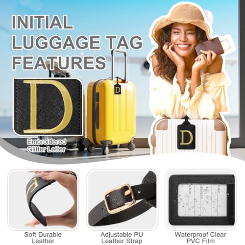 Personalized Initial Luggage Tags for Suitcase TSA Approved, Black Leather Cute Luggage Tag with Privacy Cover Name Card, Embroidered Custom Luggage Tags Travel Backpack Tags Gifts for Women Kids(D)3
