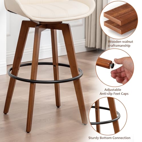Image of AQG Counter Stools Set of 2, 26.3 Inch Mid Century Modern Counter Height Bar Chairs, Swivel Barstools with Walnut Craft, Faux Leather Upholstered Furniture for Island /Counter (Beige, 26.3 inch-2 PCS)