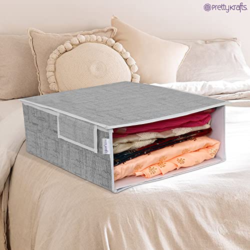 Image of PRETTY KRAFTS Stackable Fabric Saree Storage Organizer for wardrobe, Clear front window with Lid, Stackable organizers, Perfect to organize sarees in a wardrobe, Set of 2, Jute OrangeGrey
