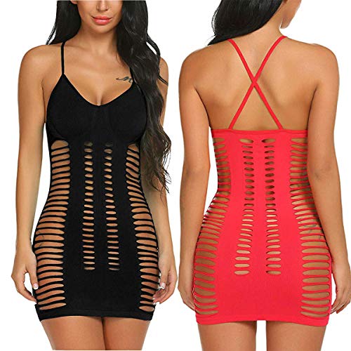 LOVELYBOBO 2-Pack Damen Kleid im Wetlook Spitzenkleid Tiefer Ausschnitt...