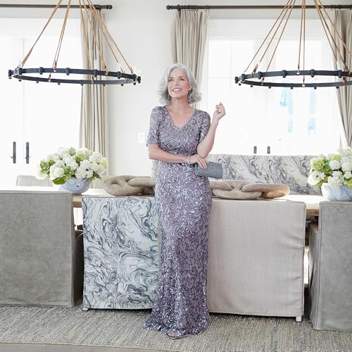 Alex Evenings Women's Long Length A-line Sequin Lace V-Neck Mother of The Bride Dress, Formal Event Gown with Short Sleeves2