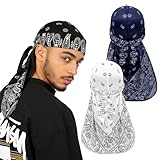3 Stücke Seide Durag, Satin Do Rag mit langem Schwanz für Männer, Elastische Bandana Cap mit UV Schutz, Weiche Atmungsaktive Piratenmütze Bikertuch Kopfbedeckung für Frauen Herren Outdoor, 3 Farben