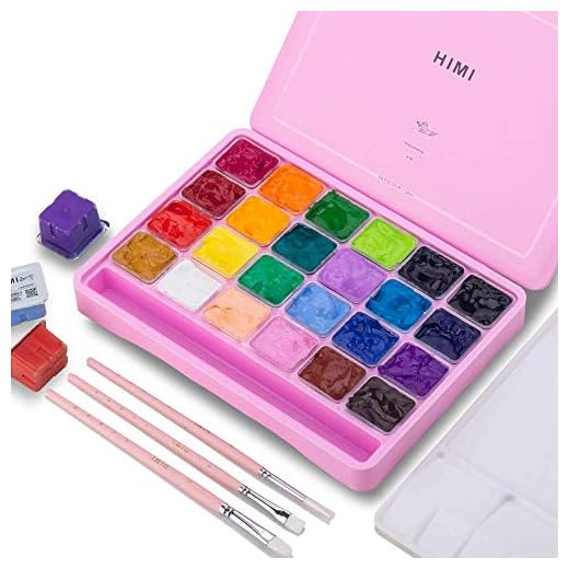 HIMI juego de pintura gouache para papel de acuarela, 24 colores x 30 ml con 3 pinceles, diseño único de taza de gelatina, no tóxico, perfecto para principiante, estudiantes, artistas (rosado)