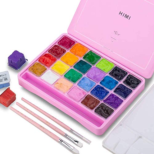 HIMI Gouache - Juego de 24 colores x 30 ml con 3 cepillos y paleta, diseño de minitaza único, no tóxico, pintura gouache para papel de acuarela de lienzo, perfecto para principiantes, estudiantes