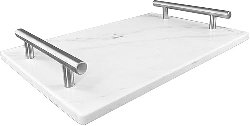 BustleDust Bandeja decorativa de mármol natural con asas plateadas para mostrador, tocador, mesita de noche o escritorio, dimensiones (blanco Jax,
