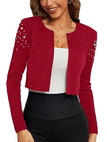 SweatyRocks Women's Elegant Long Sleeve Beaded Open Front Cropped Cardigan Sweater Burgundy Red M