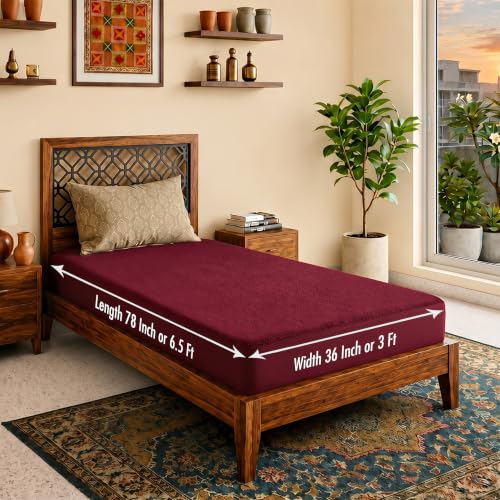 Image of Lithara Terry Cotton Fitted Mattress Protector for Single Bed | Waterproof & Elastic Band | Ultra Soft & Hypoallergenic Mattress Cover | Size : 36 x 78 Inches (3 x 6.5 Feet) | (Wine Red)