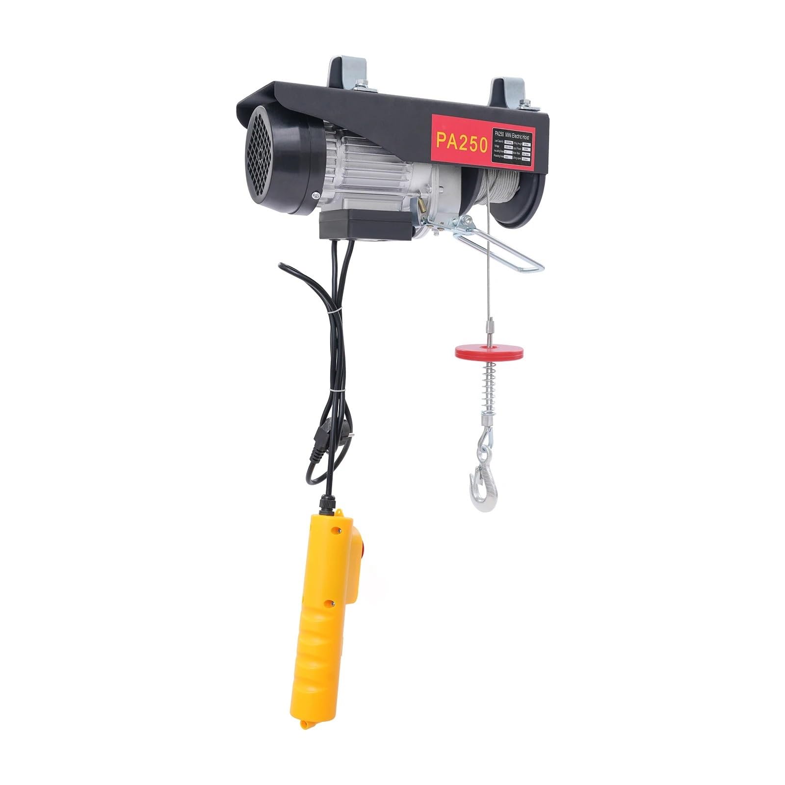Wciągnik elektryczny 550 W Udźwig 275/551 funtów Tryb podwójny 32,8/16,4 ft/min Prędkość podnoszenia Lina stalowa o długości 59 stóp Dźwigniki elektryczne