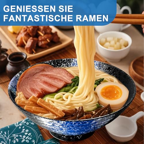 8 Zoll Keramik Ramen Schüssel 4 Set(17-Teilig) - Japanisches Porzellan Geschirr mit Gabel Essstäbchen Löffel und Rezepte Spülmaschinenfest für Nudeln Suppen Getreide Salate Geschenke für neuen Häusern