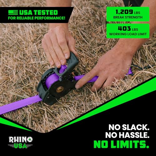 Image of Rhino USA Retractable Ratchet Straps (2-Pack) - 1 Inch x 10 Feet (1,209lb Break Strength) - Auto Self Retracting Tie Down Straps for Truck, Cargo Trailer, Motorcycle, ATV, UTV - Purple
