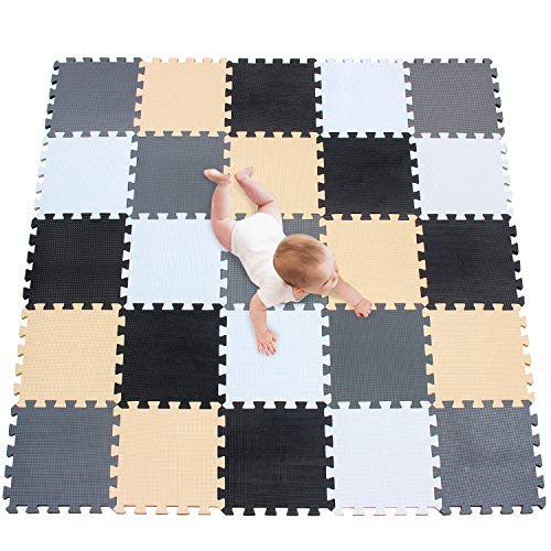 meiqicool Tapis de Jeu Puzzle Tapis de Jeu en Mousse de Tapis de Puzzle Tapis Enfants 25 Pièce Blanc Noir Beige Gris