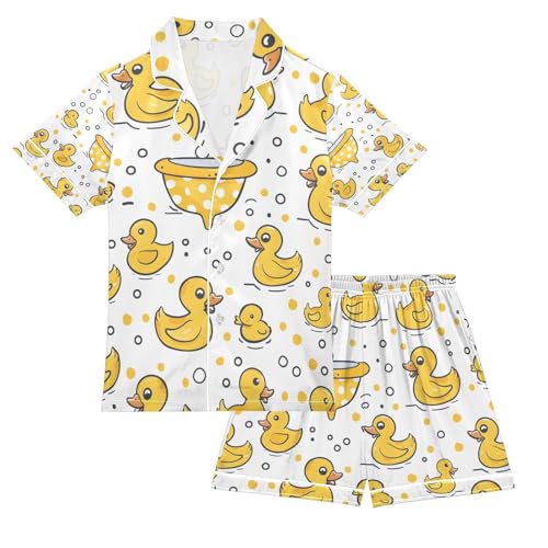 senya Yellow Duck Swimming Satin Summer Pajama Sets Silk Short Sleeve Button Down Sleepwear