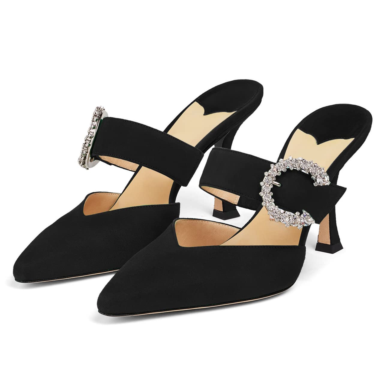 MIRAAZZURRAWomen Heeled Mules Rhinestone Buckle Pointed Toe Mules Suede Stiletto Heel High Heels Slip On Bridal Sandals for Women