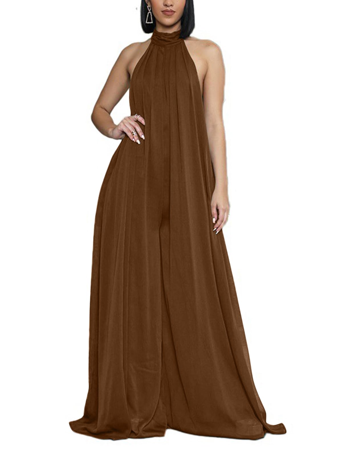 Ekaliy Women’s Sexy Summer Jumpsuit Halter Neck Sleeveless Chiffon Wide Leg Long Pant Jumpsuit Romper One Piece Outfits