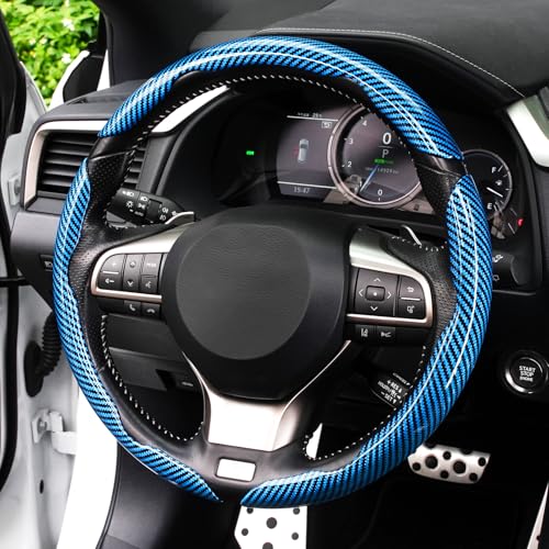 Image of Amiss 3pcs Carbon Fiber Anti-Skid Steering Wheel Cover, Waterproof Design, Universal Fit for 14-16 Inch Car Wheel Cover, Interior Car Accessories for Jeeps, SUVs, Trucks (Glossy Blue)