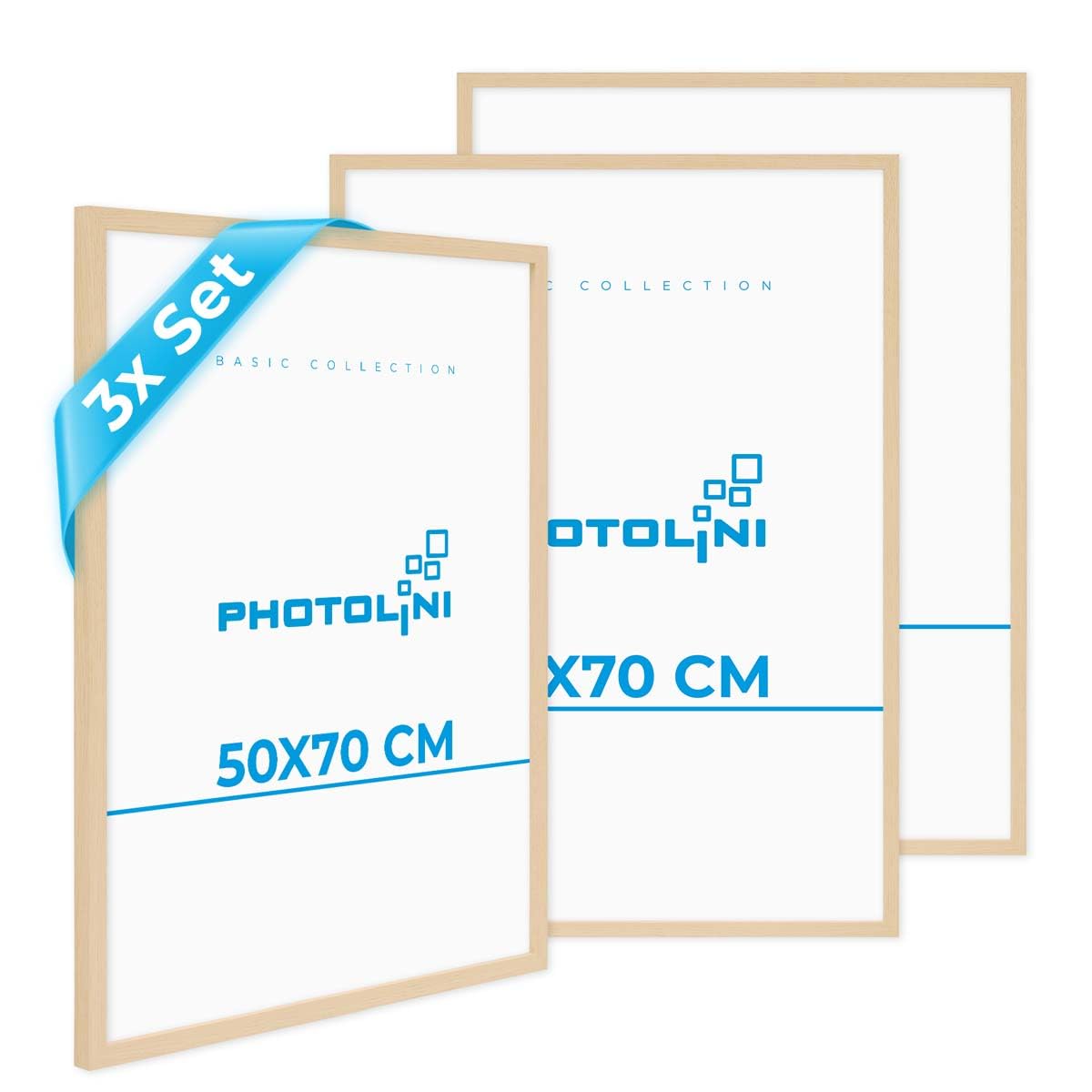 PHOTOLINI Marcos 50x70 cm madera MDF natural, set de 3 marcos para pósteres, cristal acrílico, para colgar, incluye accesorios - para fotos, láminas y pósteres