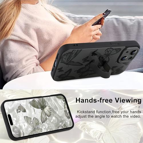 Image of for iPhone 15 Case with Finger Strap Holder, Cute Cool Butterfly Print Pattern Design for Women Men, Shockproof Anti Scratch Hand Kickstand Protective Cover, Gray